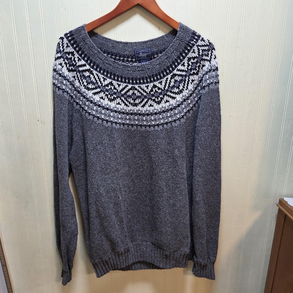 G.H. Bass & Co. Sweater Mens Large Gray Fair Isle Crewneck Knit Pullover